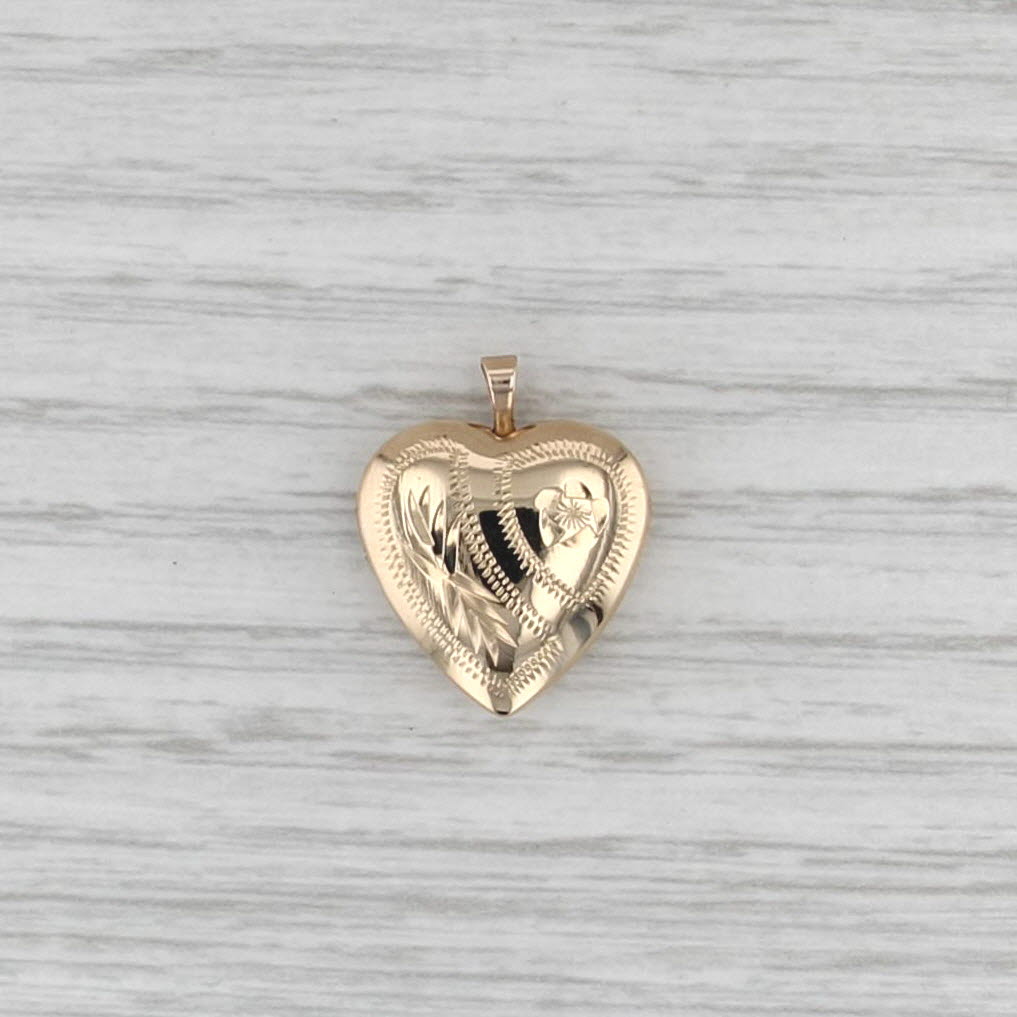 Vintage Heart Photo Locket Pendant 14k Gold Ornate Floral Engravable Charm