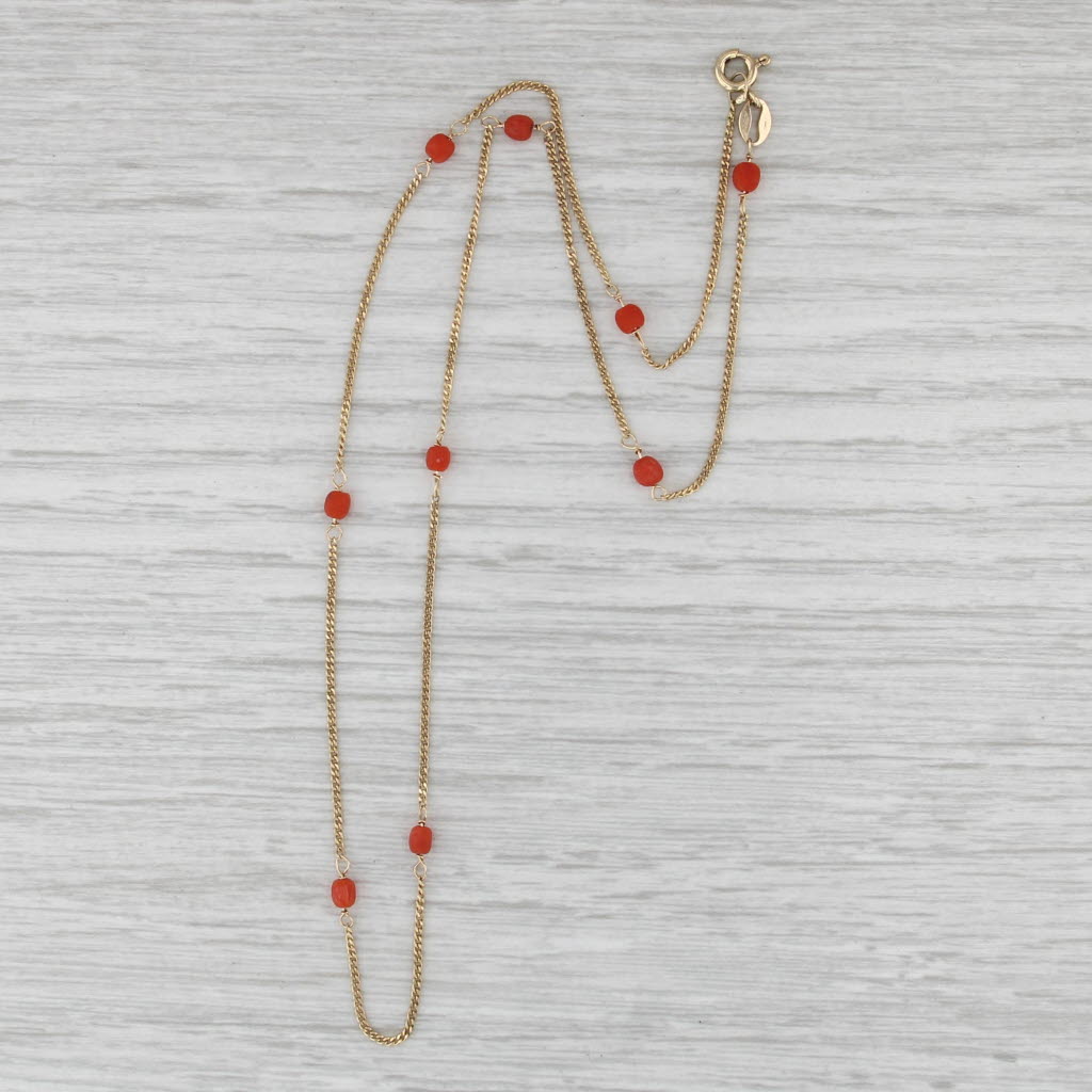 Vintage Coral Station Necklace 18k Yellow Gold 16" Curb Chain