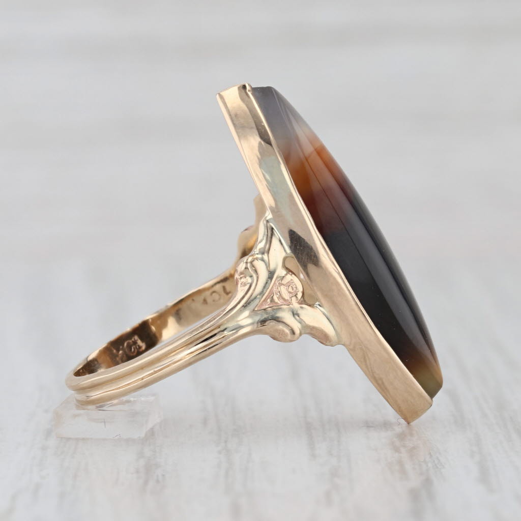 Vintage Chalcedony Agate Navette Solitaire Ring 10k Yellow Gold Size 8.5