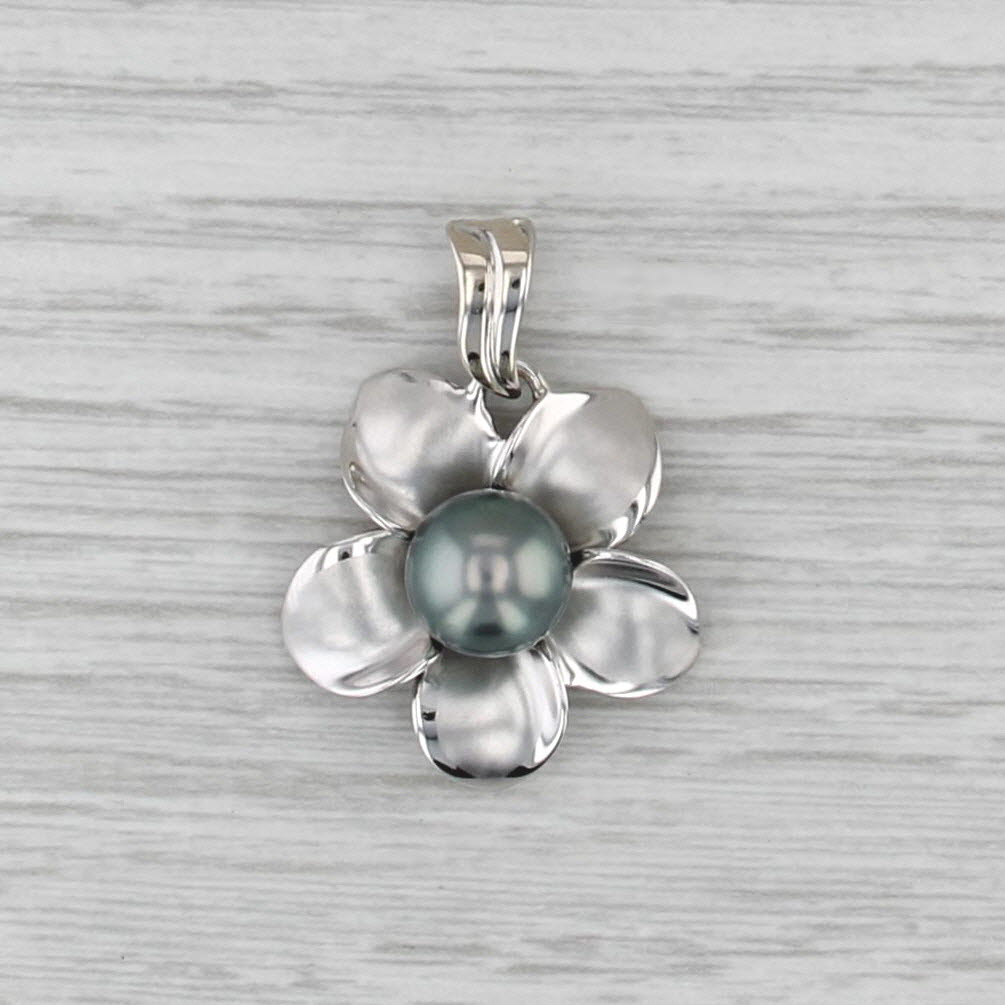 Cultured Black Pearl Flower Pendant 14k White Gold Floral