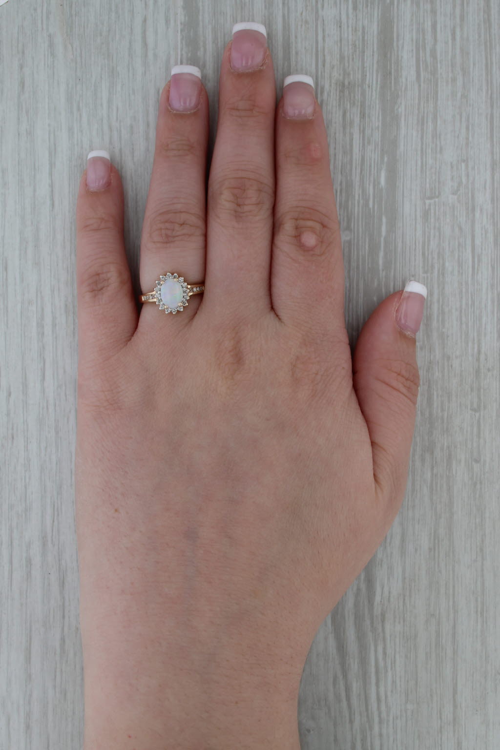 Oval Opal Cabochon Diamond Halo Ring 14k Yellow Gold Size 6.5