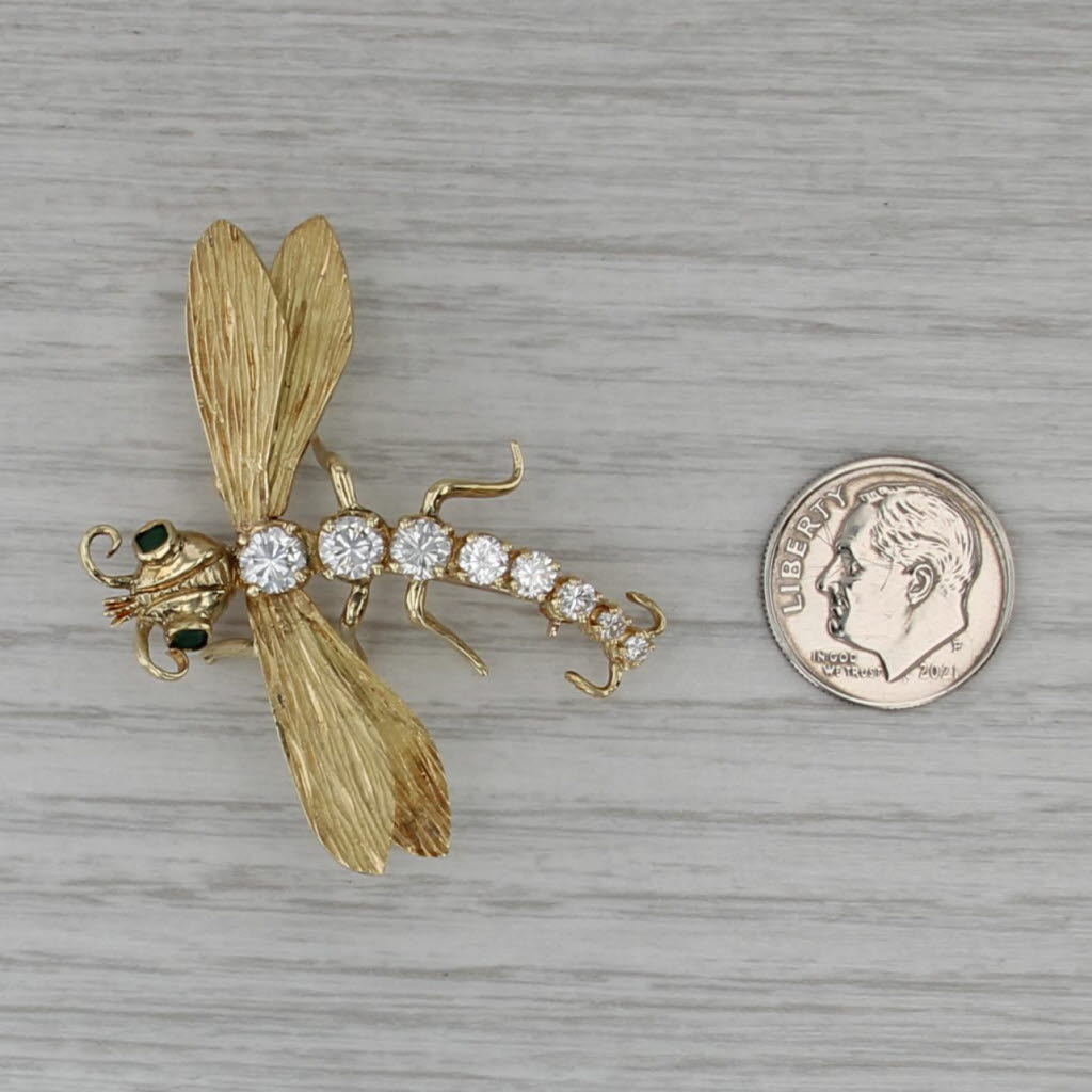 1.48ctw Diamond Green Chalcedony Dragonfly Brooch 18k Gold Statement Pin