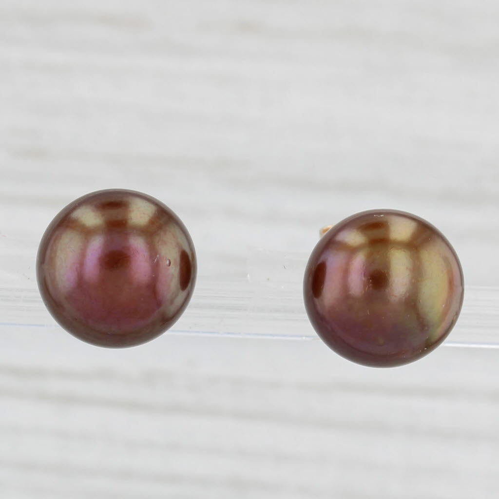 Light Gray Bronze Cultured Button Pearl Stud Earrings 14k Yellow Gold Round