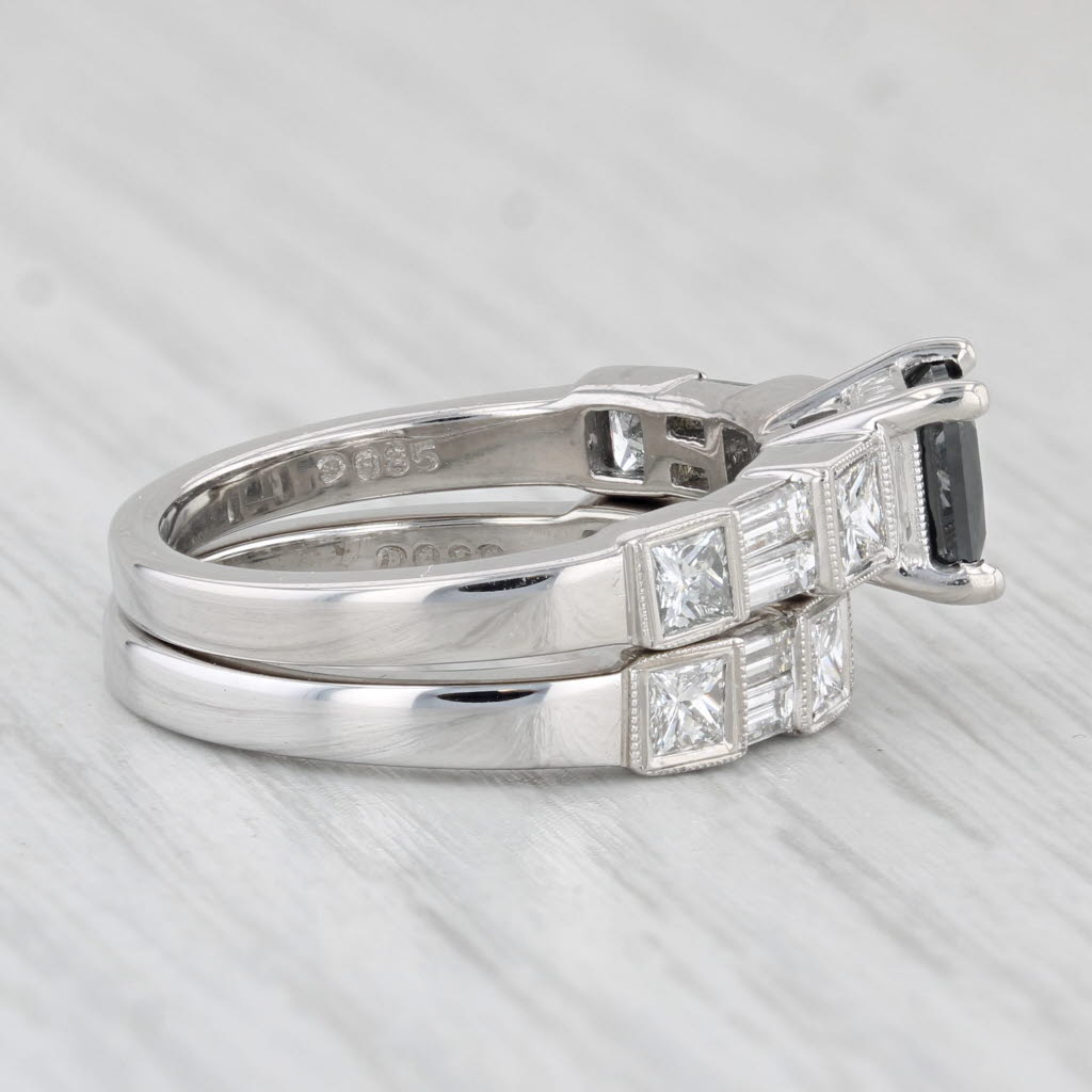 Light Gray 2.54ctw Princess Black Diamond Engagement Ring Wedding Band Set 18k White Gold