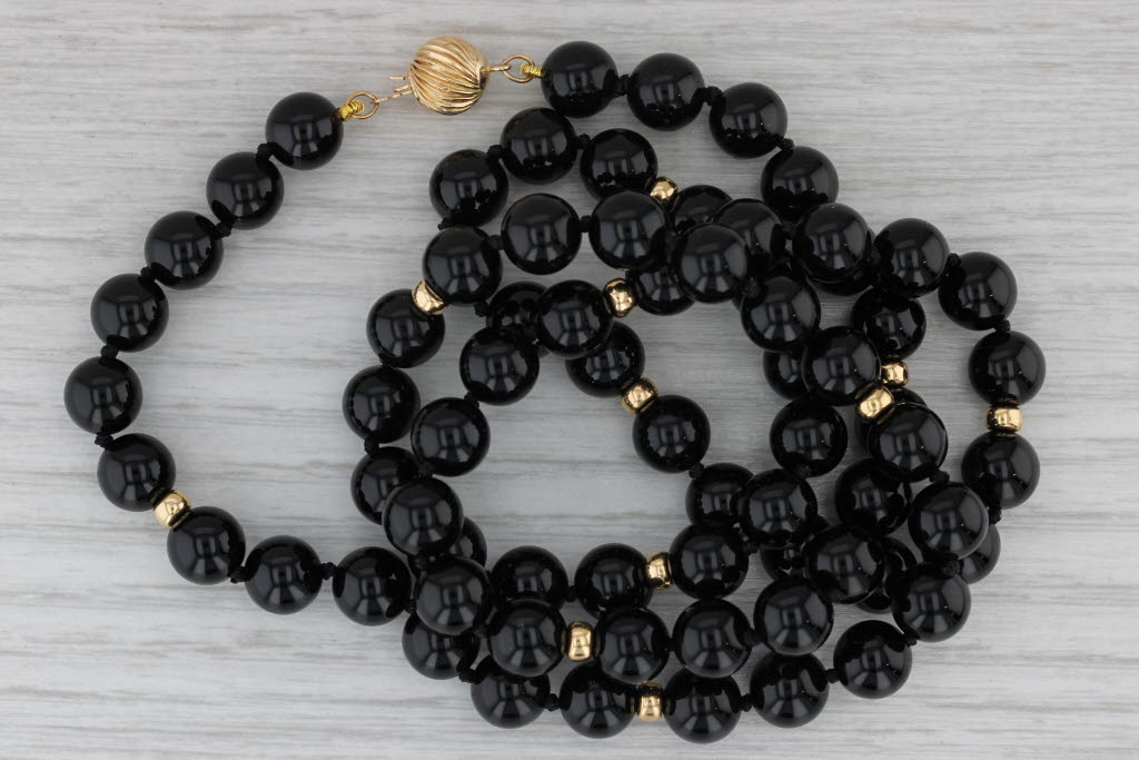 Gray Black Onyx Bead Single Strand Necklace 27" 14k Yellow Gold 8 mm