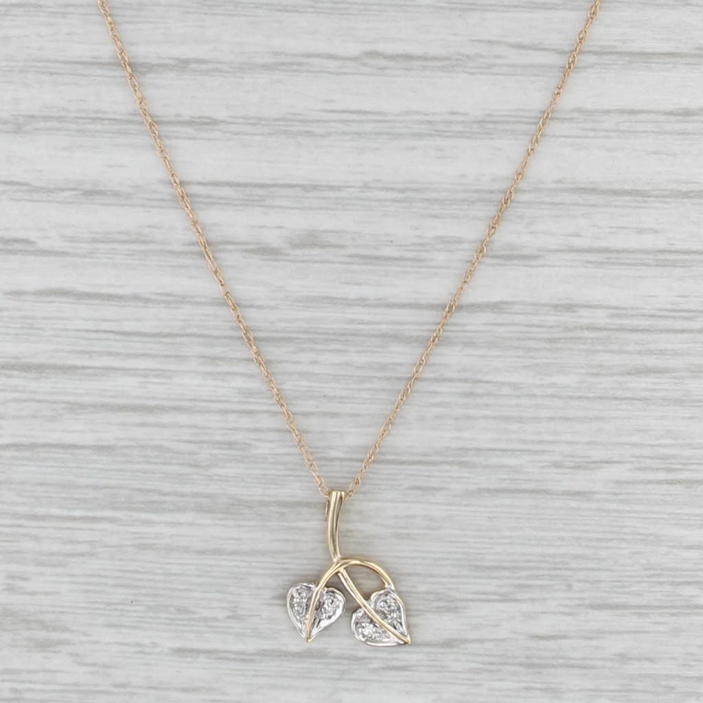 Diamond Leaf Hearts Flower Pendant Necklace 14k Gold 18.75" Rope Chain