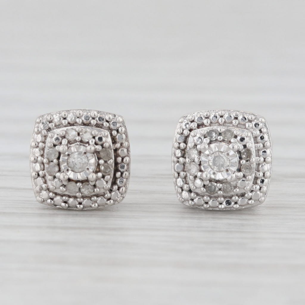 Light Gray Round Diamond Halo Stud Earrings Sterling Silver