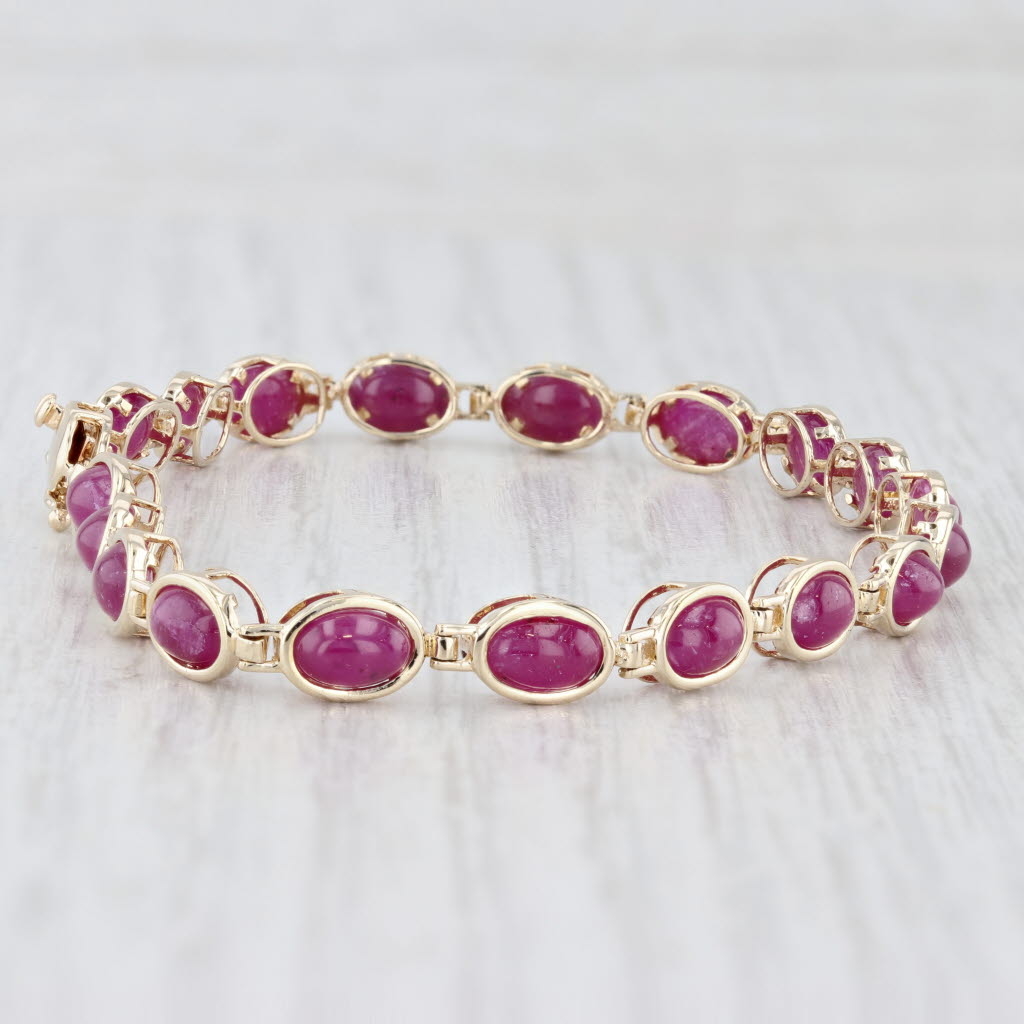 Light Gray Ruby Oval Cabochon Tennis Bracelet 14k Yellow Gold 6.75" 5.2mm