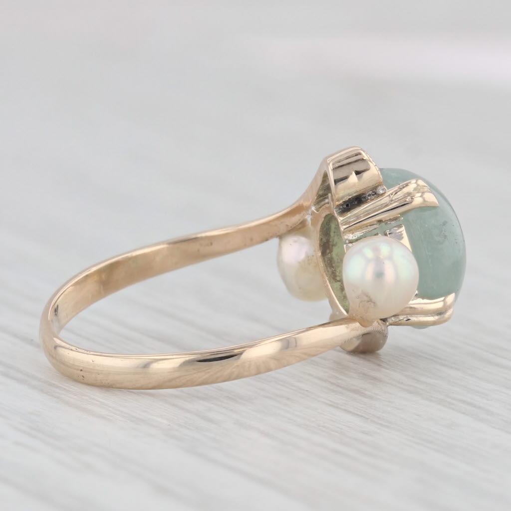 Light Gray Cultured Pearl Green Serpentine Bypass Ring 10k Yellow Gold Size 6 Vintage
