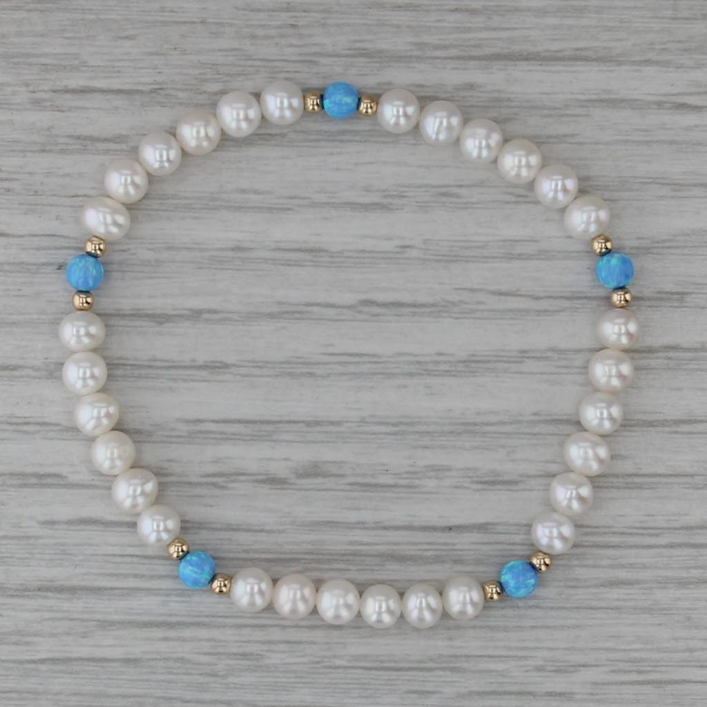 Cultured Pearl Lab Created Opal Bead Bracelet 14k Yellow Gold 7" Stretchy Band