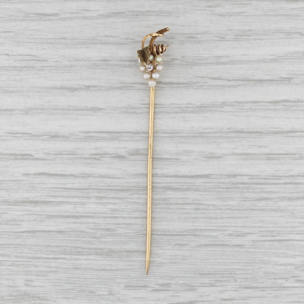 Antique Diamond Pearl Grape Bunch Stickpin 14k Yellow Gold