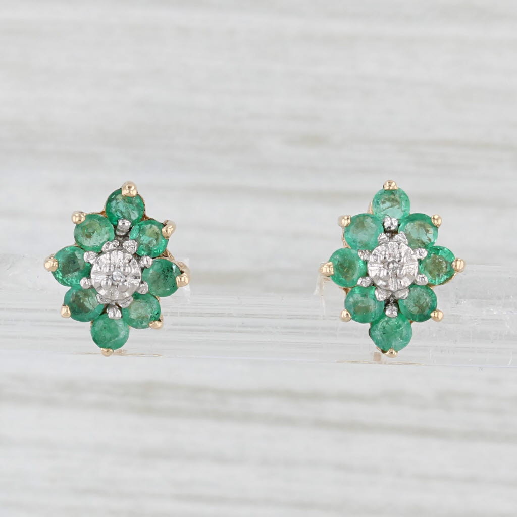 Light Gray 0.72ctw Emerald Diamond Cluster Flower Stud Earrings 10k Yellow Gold
