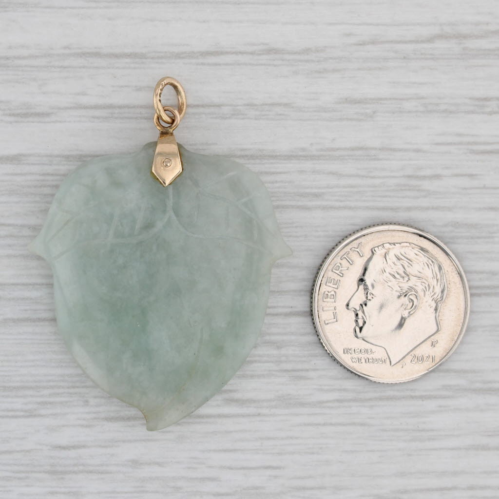 Gray Green Jadeite Jade Carved Acorn Pendant 14k Yellow Gold