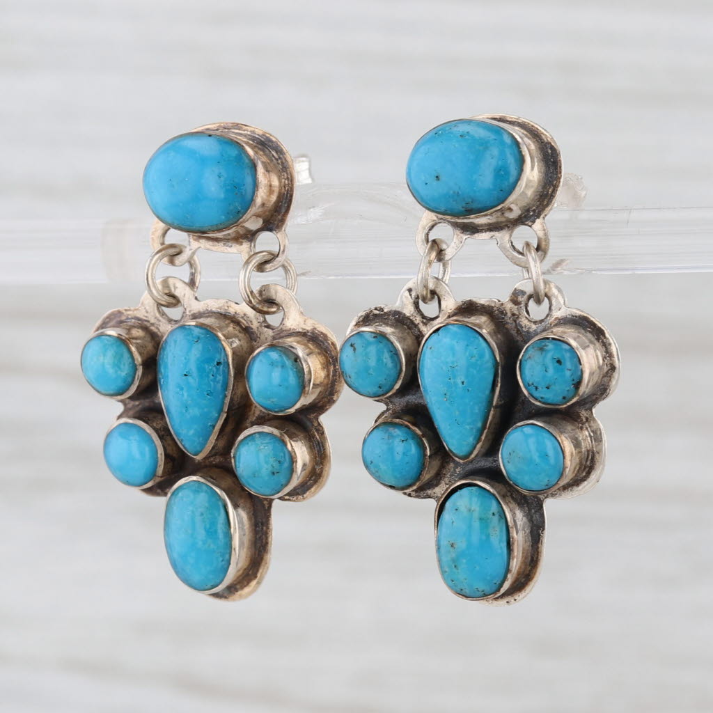 Vintage Southwestern Stabilized Turquoise Cluster Drop Earrings Sterling Silver