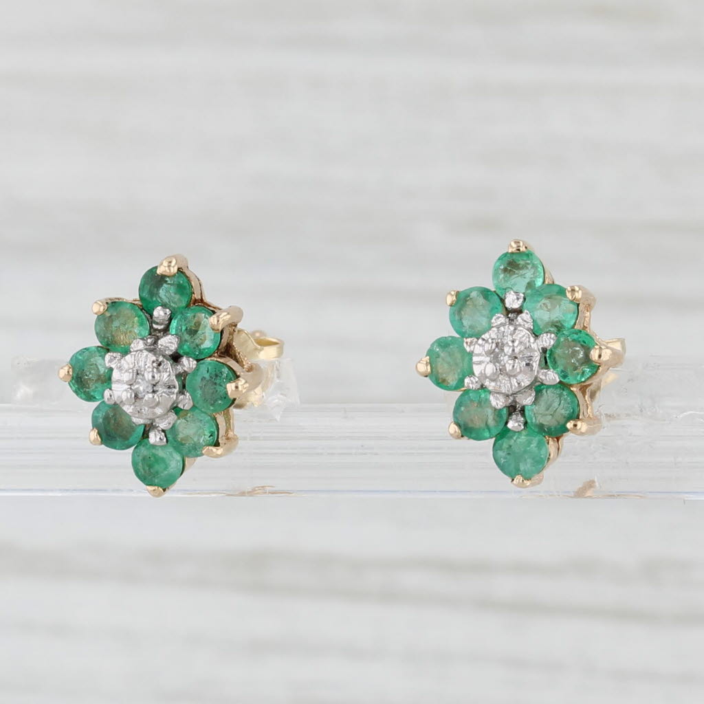 Light Gray 0.72ctw Emerald Diamond Cluster Flower Stud Earrings 10k Yellow Gold