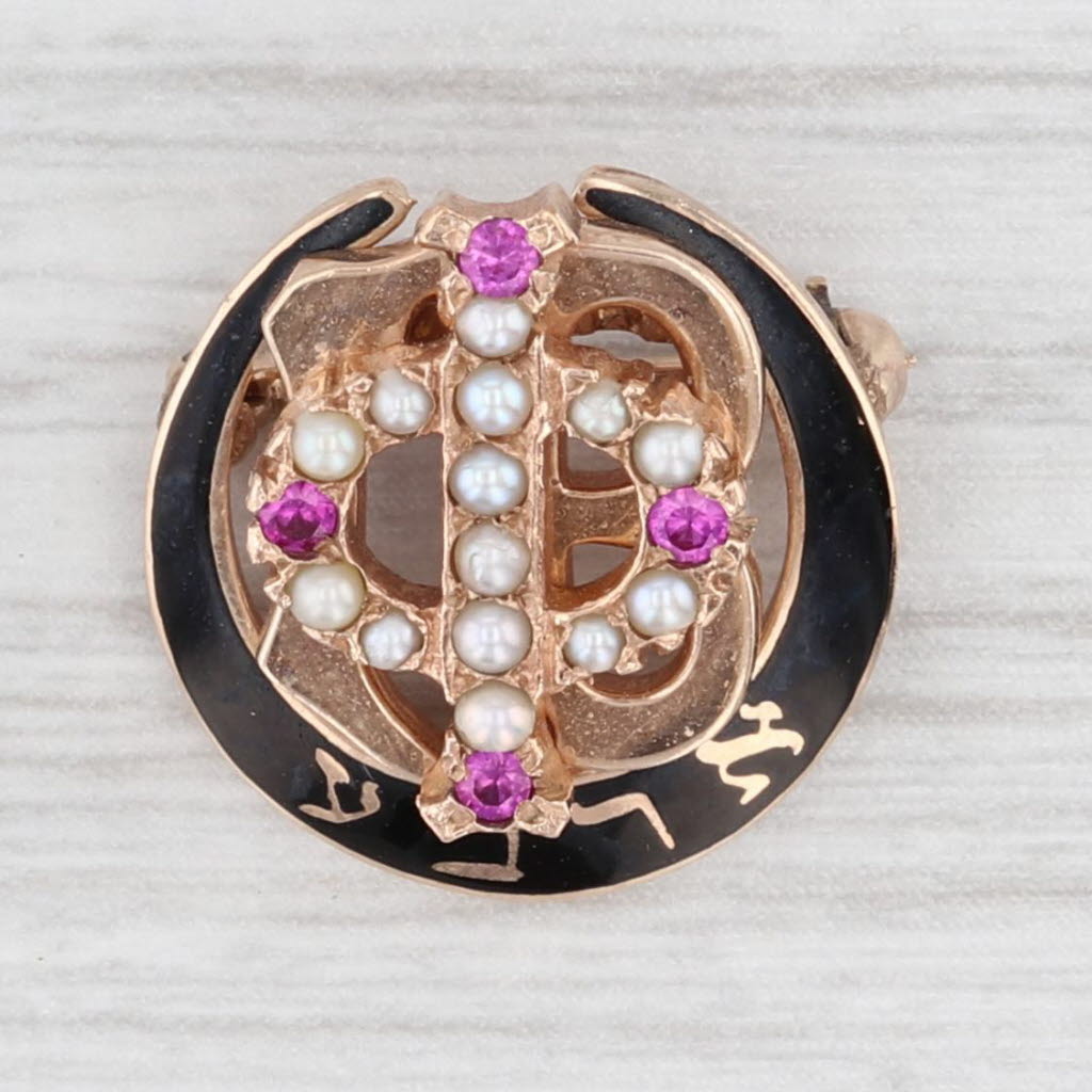 Light Gray Gamma Phi Beta Badge 10k Yellow Gold Sorority Pearls Synthetic Sapphire Pin