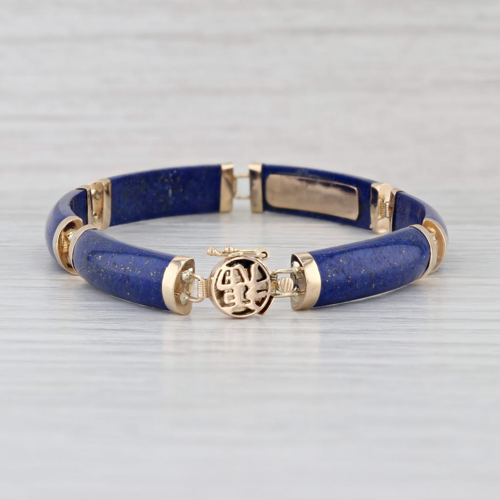 Lapis Lazuli Bar Link Chinese Character for Luck Bracelet 14k Yellow Gold 7.25"