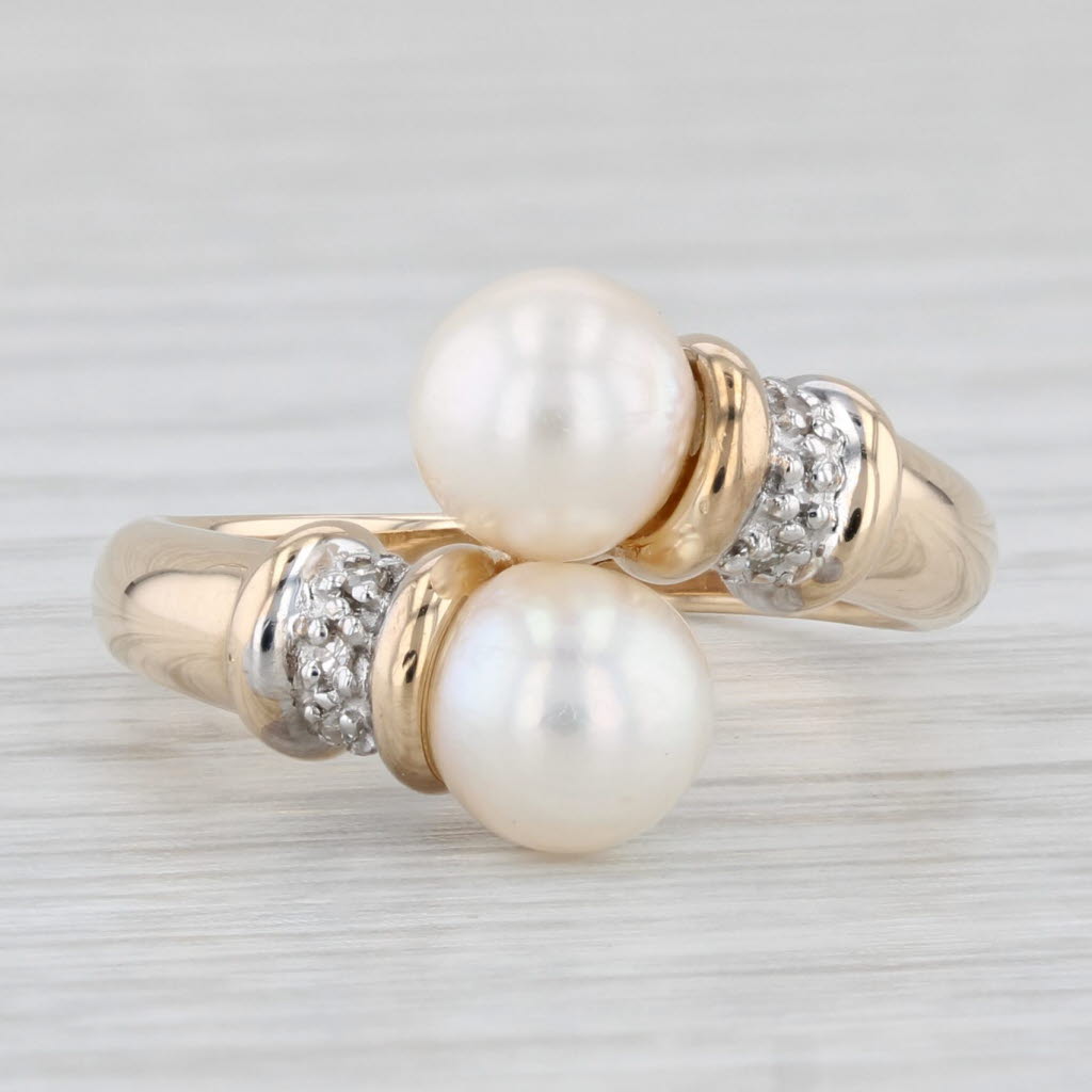 Light Gray Cultured Pearl Diamond Bypass Ring 14k Yellow Gold Size 7