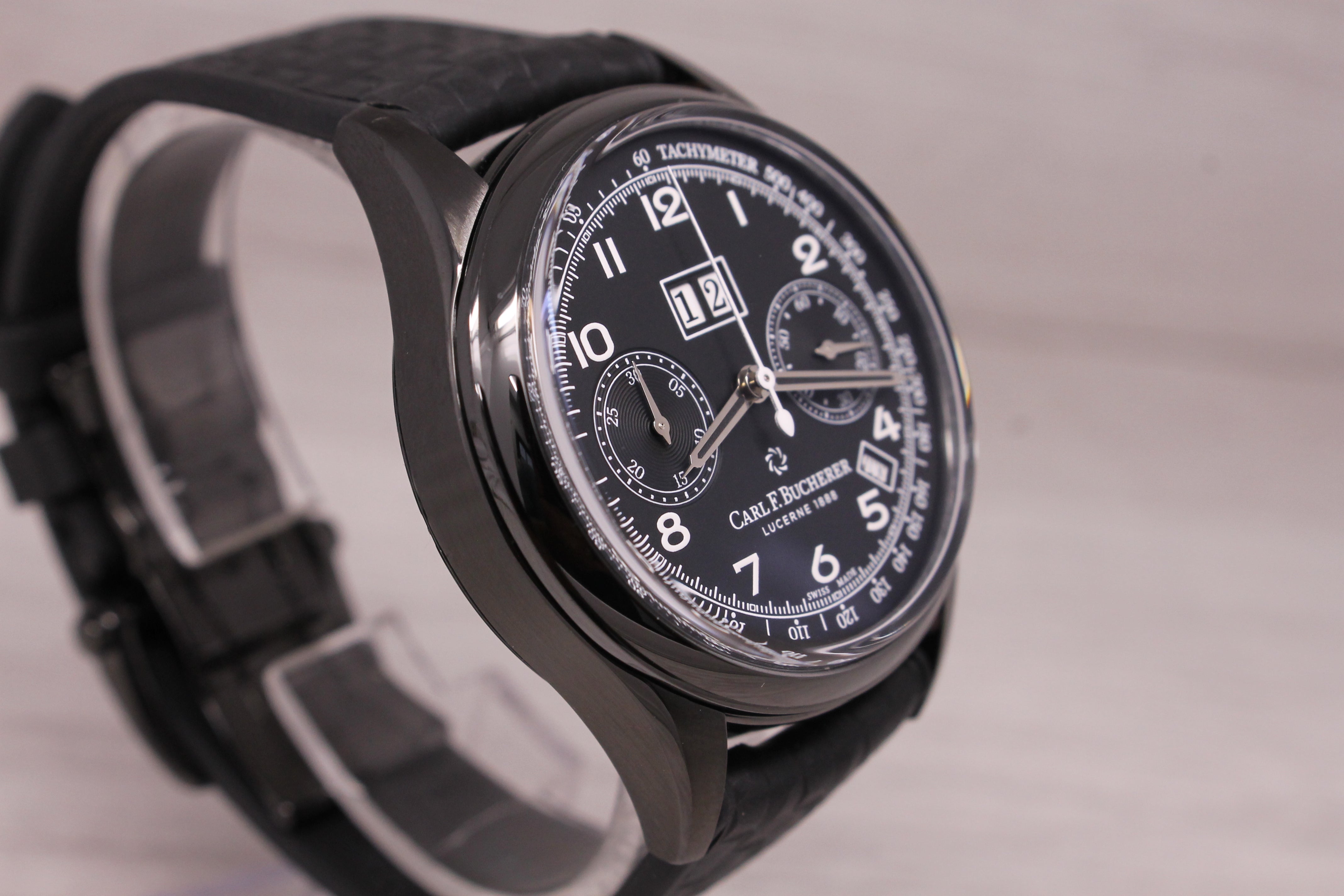 Dark Gray Carl Bucherer Mens BiCompax Chronograph Big Date DLC Coated 41mm Watch w Box