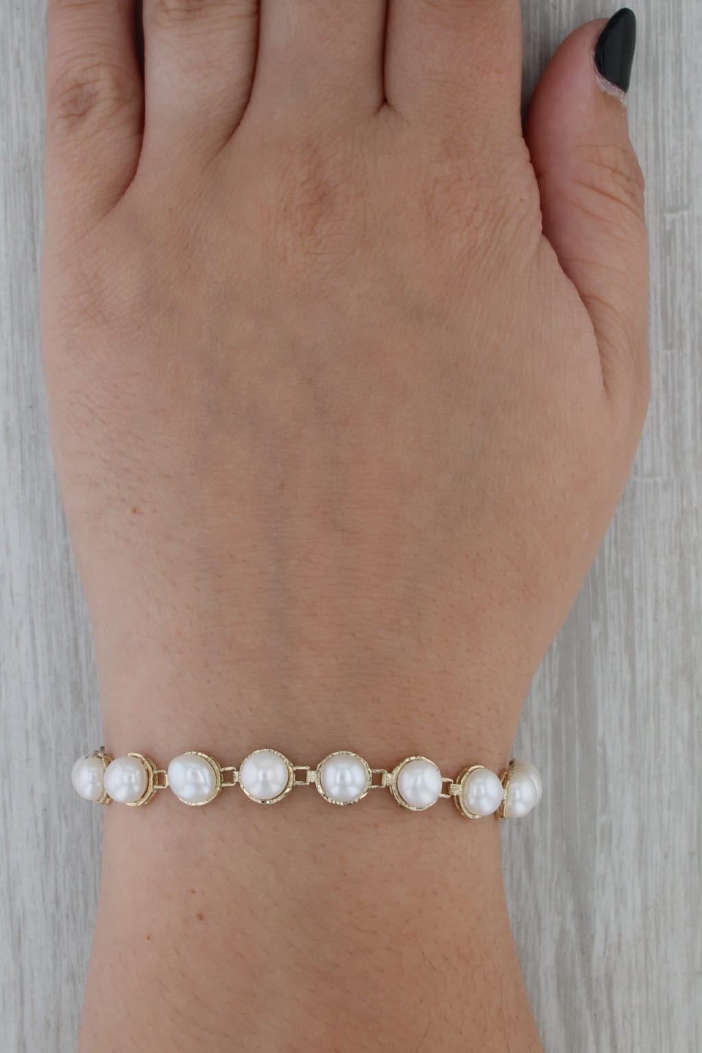 Cultured Pearl Tennis Bracelet 14k Yellow Gold 7" 7.5mm Chinese Calligraphy