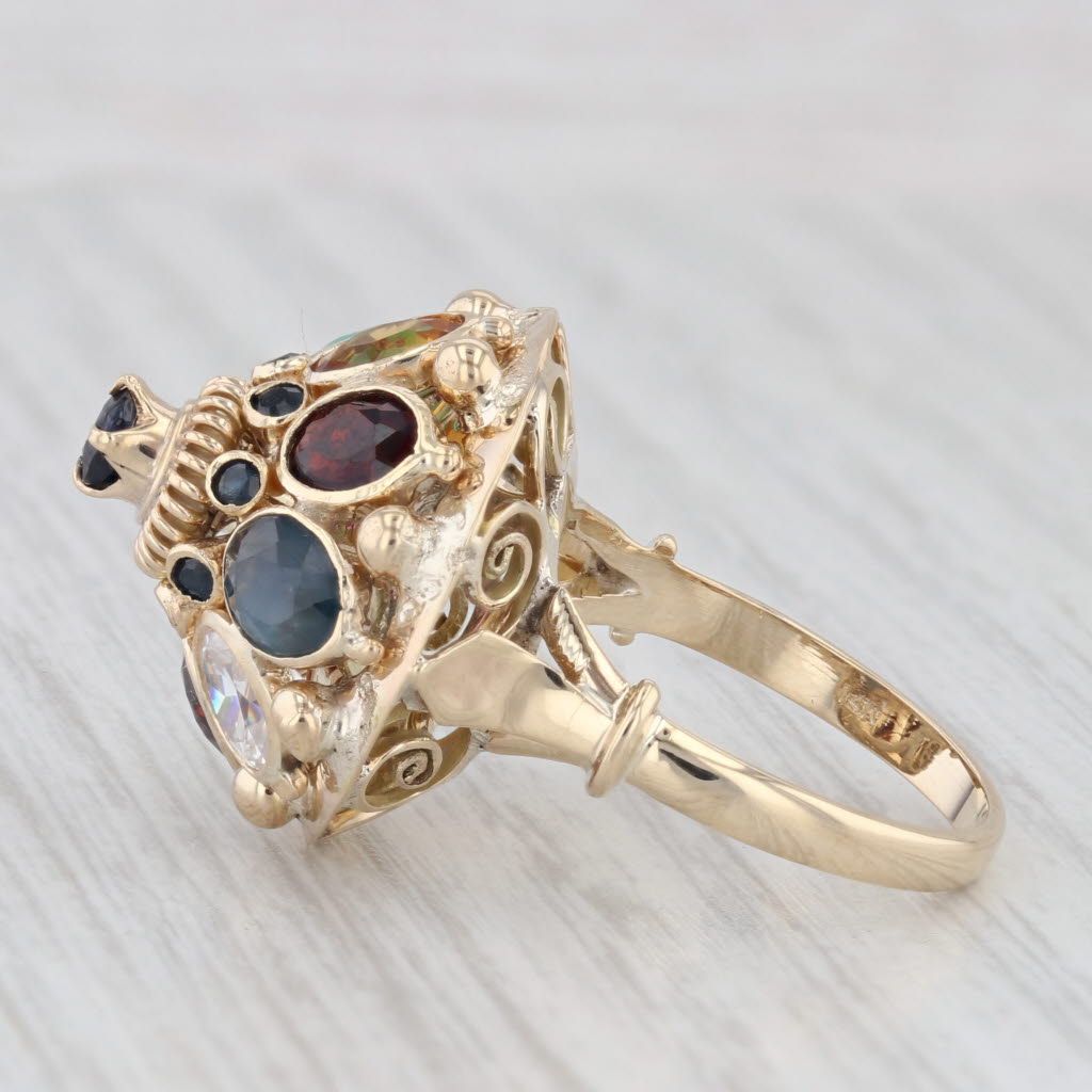 Light Gray Vintage Gemstone Cocktail Ring 14k Yellow Gold Size 6.75 Sapphire Spinel Garnet