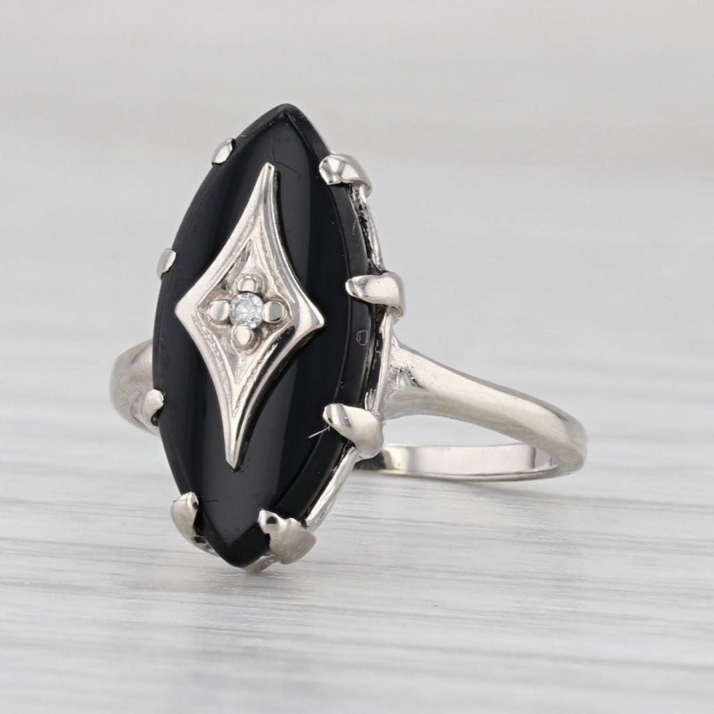 Vintage Onyx Diamond Signet Ring 10k White Gold Size 3