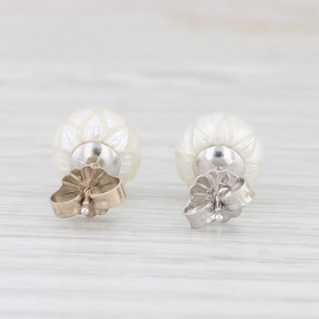 Light Gray New Cultured Pearl Carved Flower Diamond Stud Earrings 14k White Gold Galatea