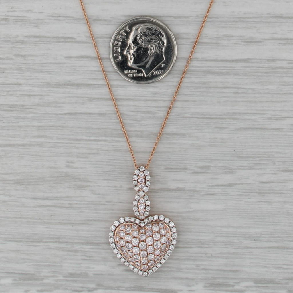 1.35ctw Diamond Pave Heart Pendant Necklace 14k Rose Gold 18" Cable Chain