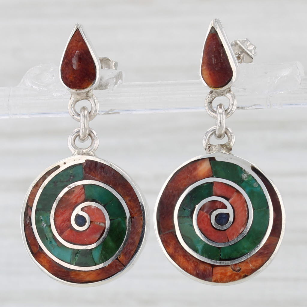 Light Gray Pachamama Colorful Mosaic Swirl Dangle Earrings 950 Silver Pierced Drops