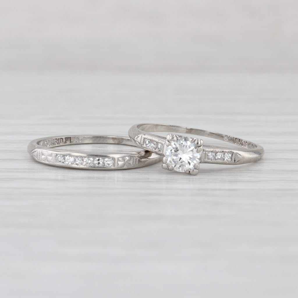Vintage 0.39ctw Diamond Engagement Ring Wedding Band Bridal Set Platinum Sz 5.5