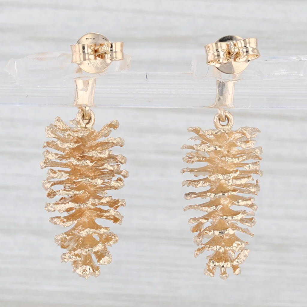 Light Gray Pine Cone Dangle Earrings 14k Yellow Gold Pierced Drops