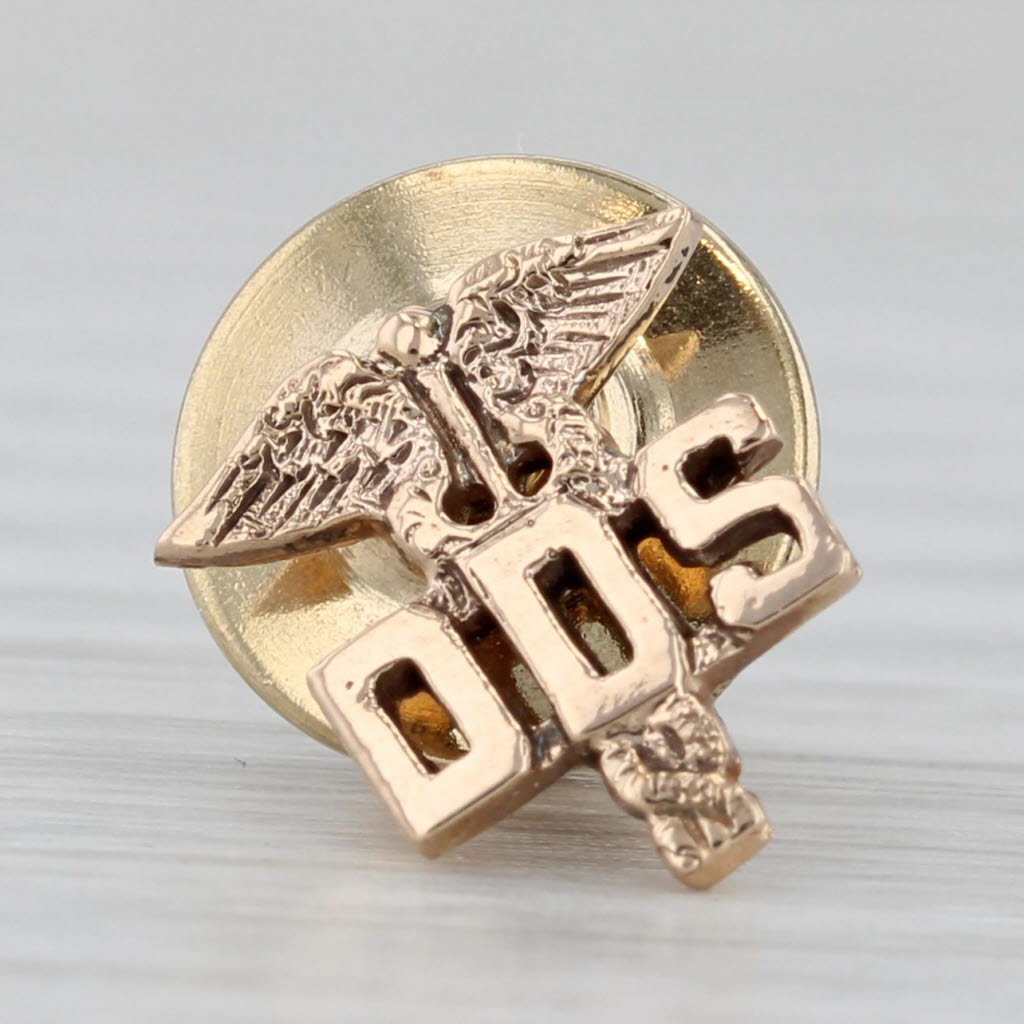 Gray Dentist Tie Tac Lapel Pin 14k Yellow Gold DDS Caduceus