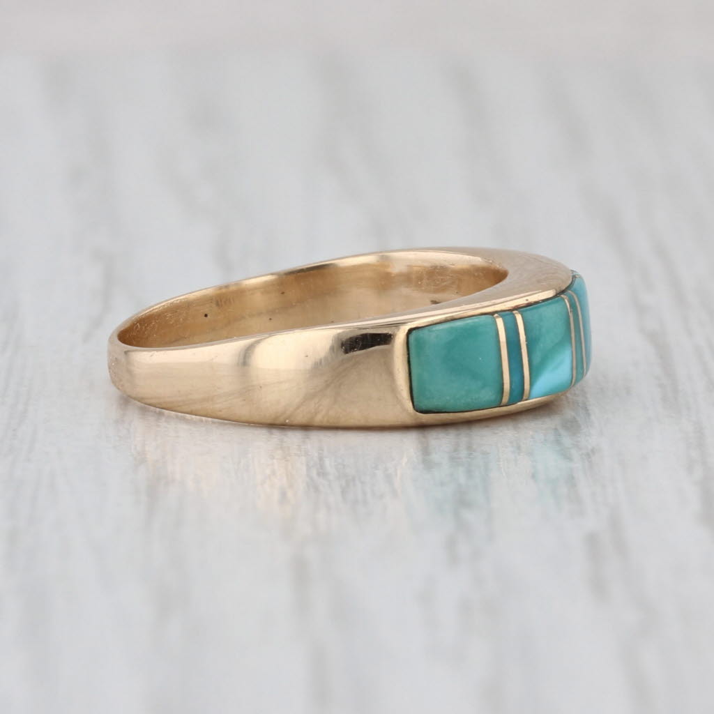 Calvin Begay Turquoise Mosaic Ring 14k Yellow Gold Size 6.5 Stackable Band
