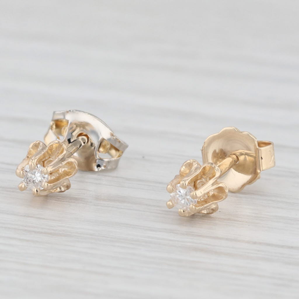 Light Gray Small Diamond Buttercup Stud Earrings 14k Yellow Gold Round Solitaires