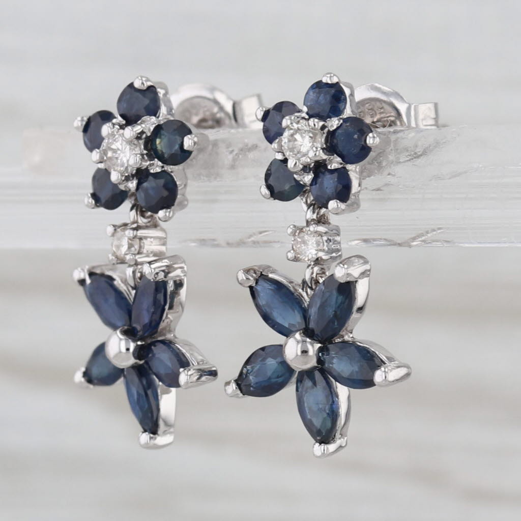 2ctw Blue Sapphire Diamond Flower Dangle Earrings 14k White Gold Drops