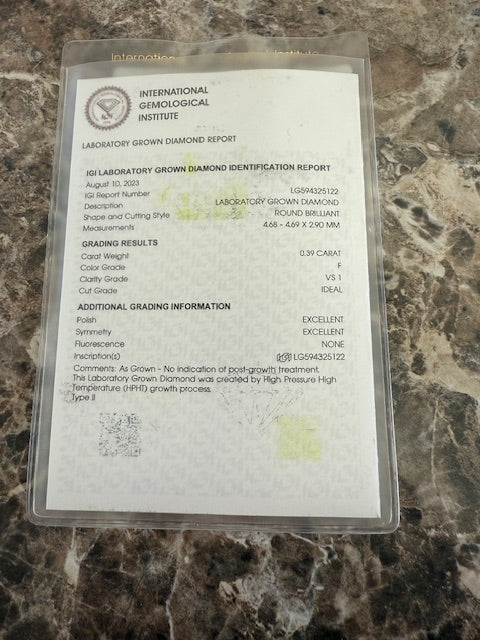 0.39ct IGI Round Lab Grown Diamond Single Stud Earring 14k Yellow Gold F VS1