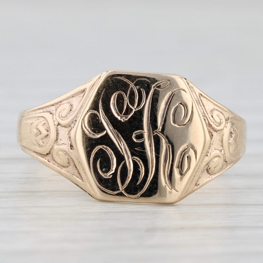 Light Gray Monogram Script Letters SK Signet Ring 10k Gold Size 6 Vintage Hand Engraved