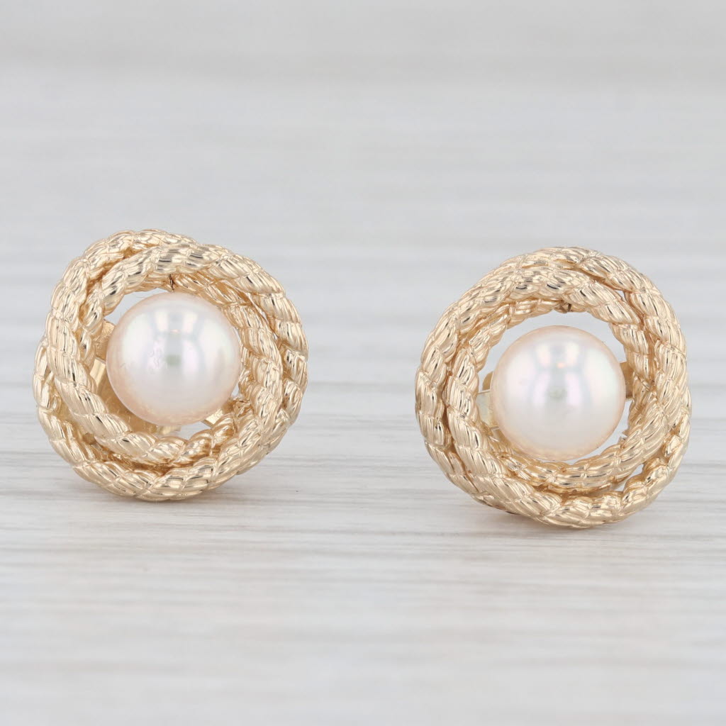 Light Gray Round Cultured Pearl Knot Stud Earrings 14k Yellow Gold