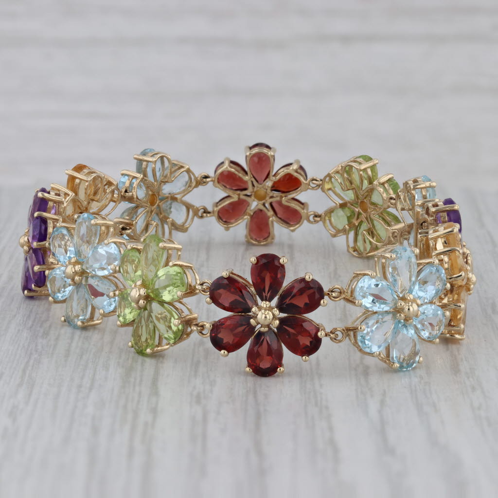 Gray 28.20ctw Gemstone Flower Bracelet 10k Gold 7" Garnet Amethyst peridot Aquamarine