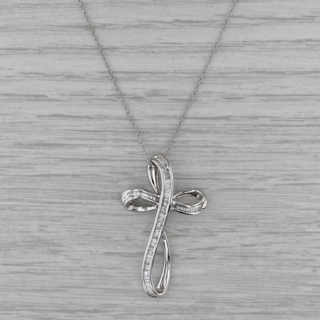 0.50ctw Diamond Stylized Cross Pendant Necklace 14k White Gold 18" Rope Chain
