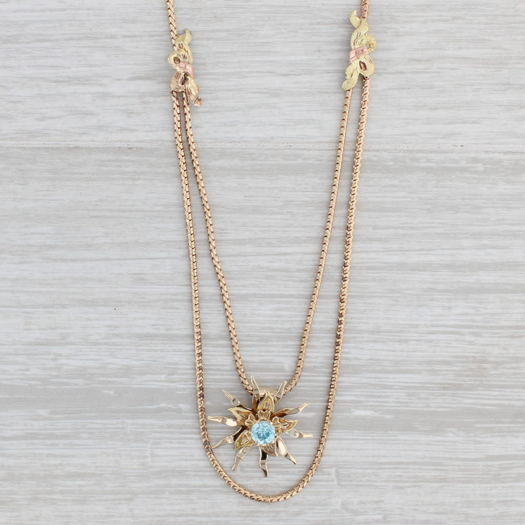 Light Gray Vintage 0.80ct Blue Zircon Flower Pendant Necklace 10k Gold 20.5" Box Chain