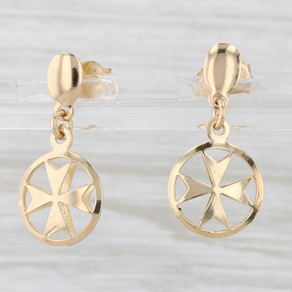 Light Gray Maltese Cross Dangle Earrings 18k Yellow Gold Drops