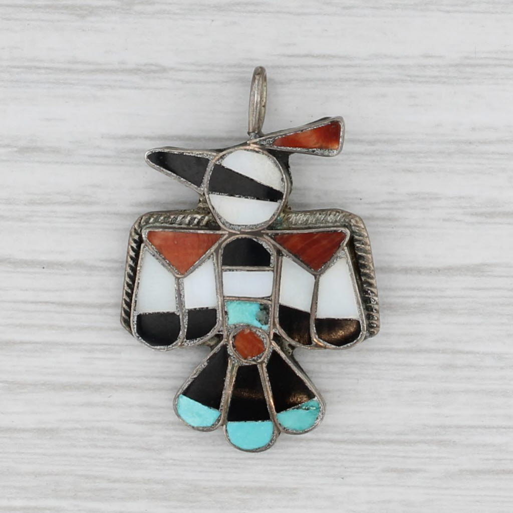 Light Gray Native American Thunderbird Pendant Sterling Silver Stone Mosaic Zuni Tribe