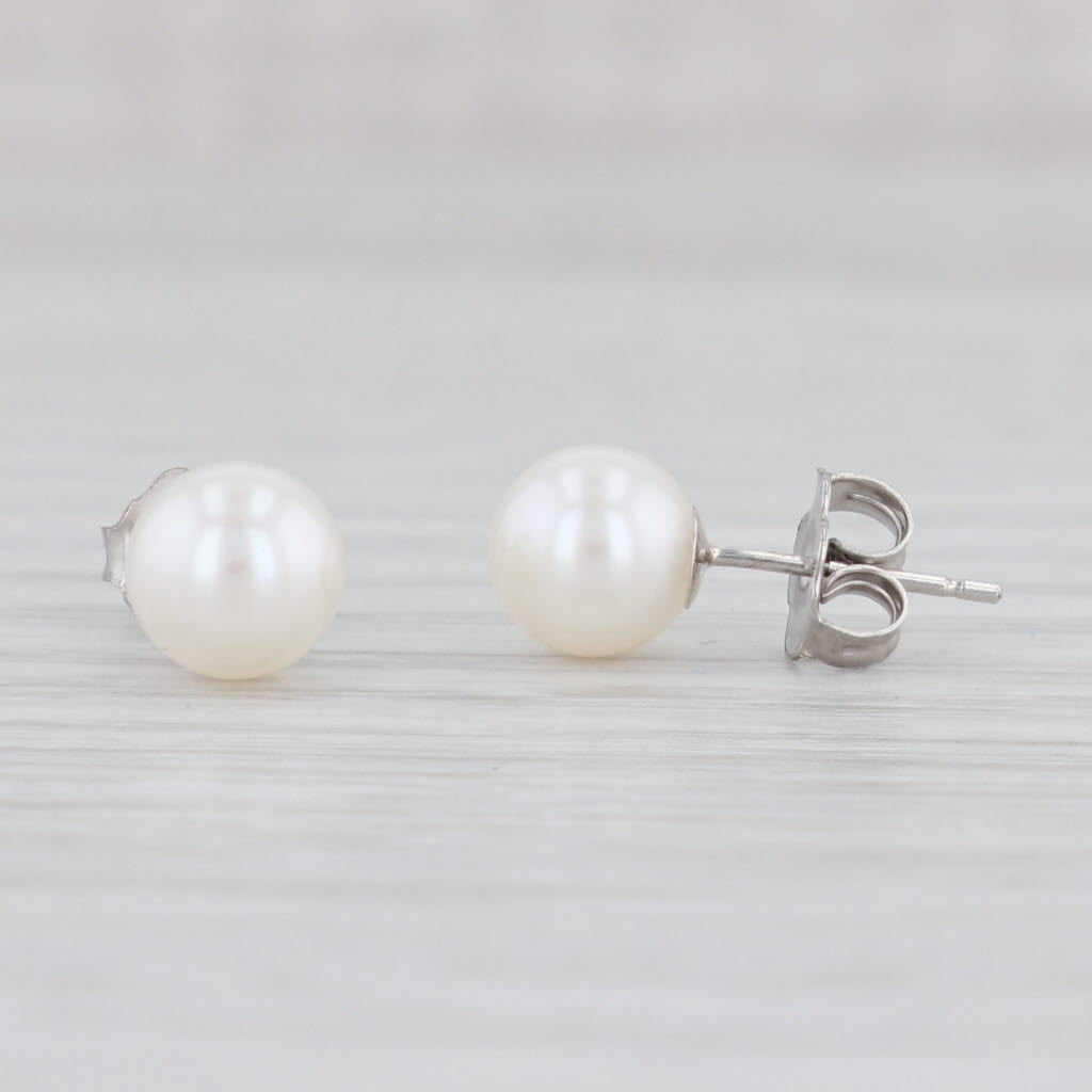 Light Gray New Cultured Pearl Stud Earrings 14k White Gold 6.5mm Round Bead Solitaires