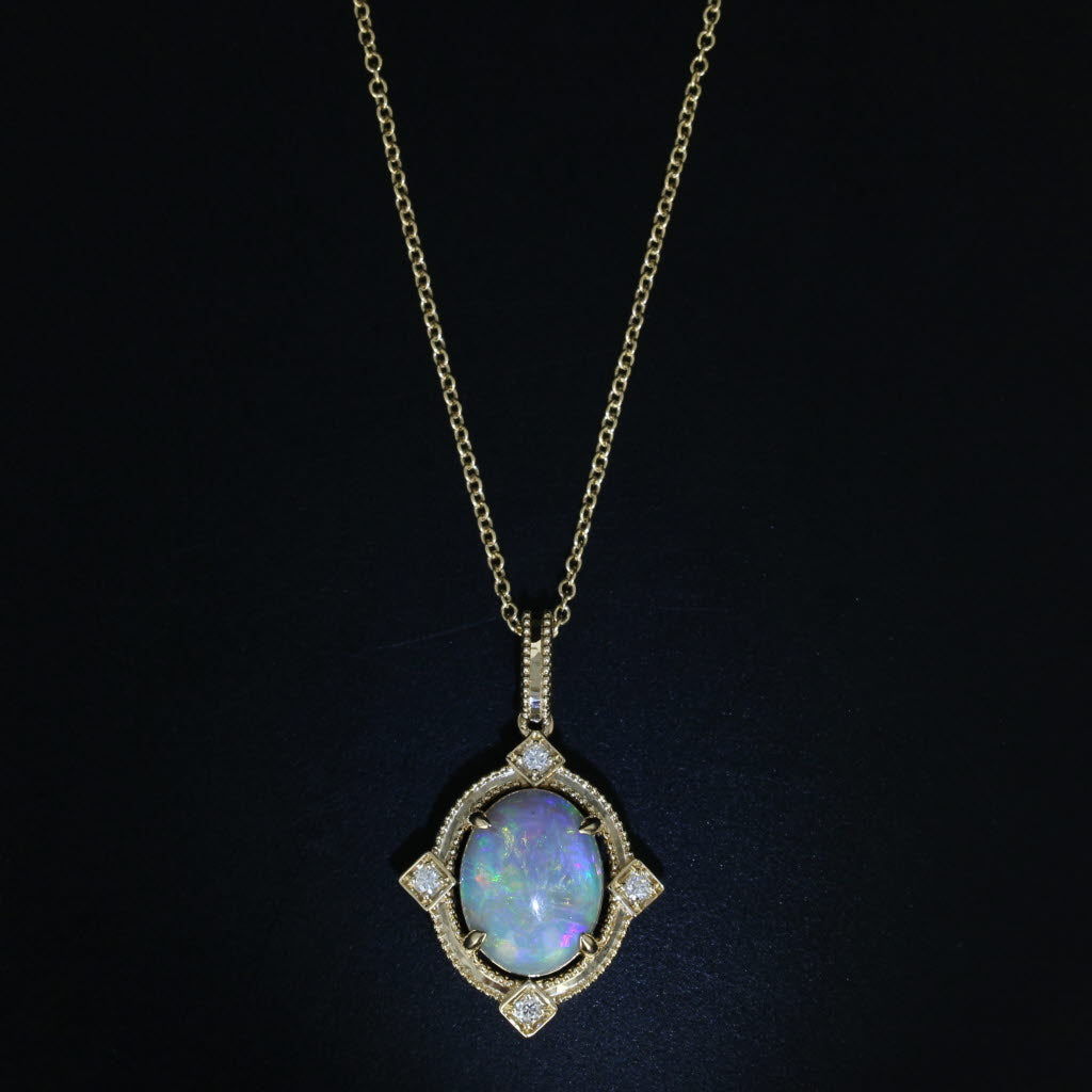 Black New Opal Cabochon Diamond Pendant Necklace 14k Yellow Gold 18" Cable Chain