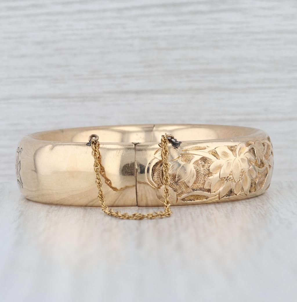 Vintage Floral Dragonfly Engraved Bangle Bracelet Gold Filled 7" Monogrammed