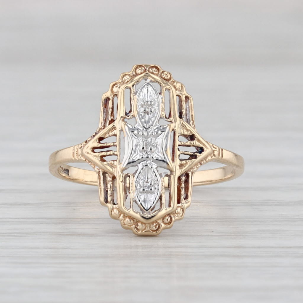 Vintage Diamond Filigree Ring 10k White Yellow Gold Size 6.5
