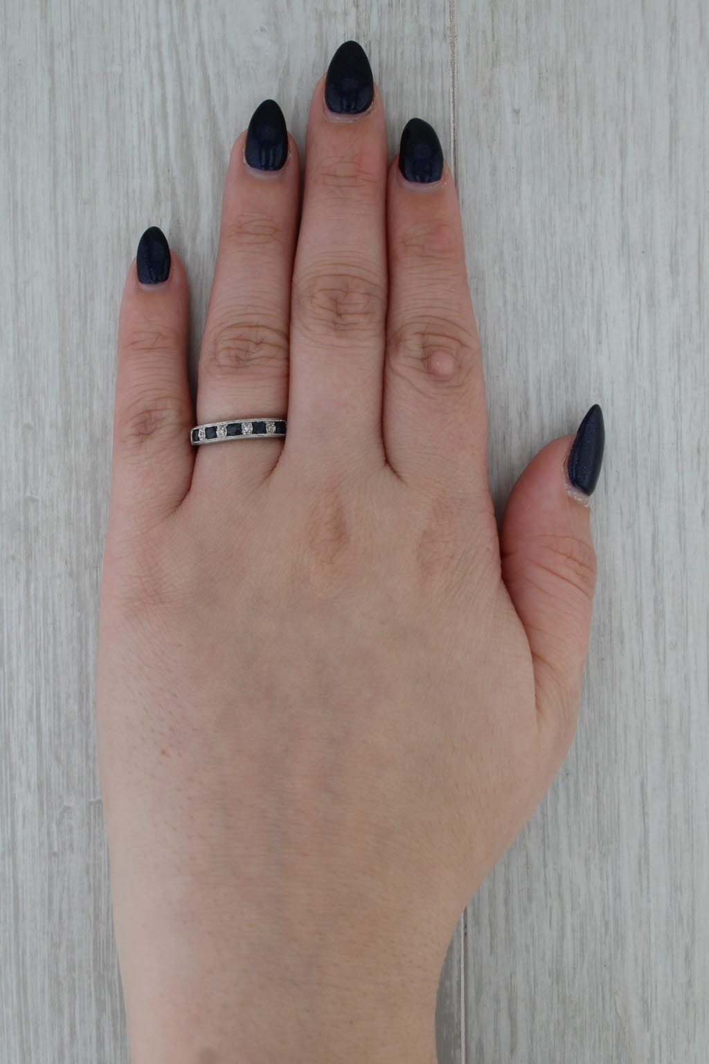 0.52ctw Blue Sapphire Diamond Ring 14k White Gold Stackable Wedding Band Sz 6.75