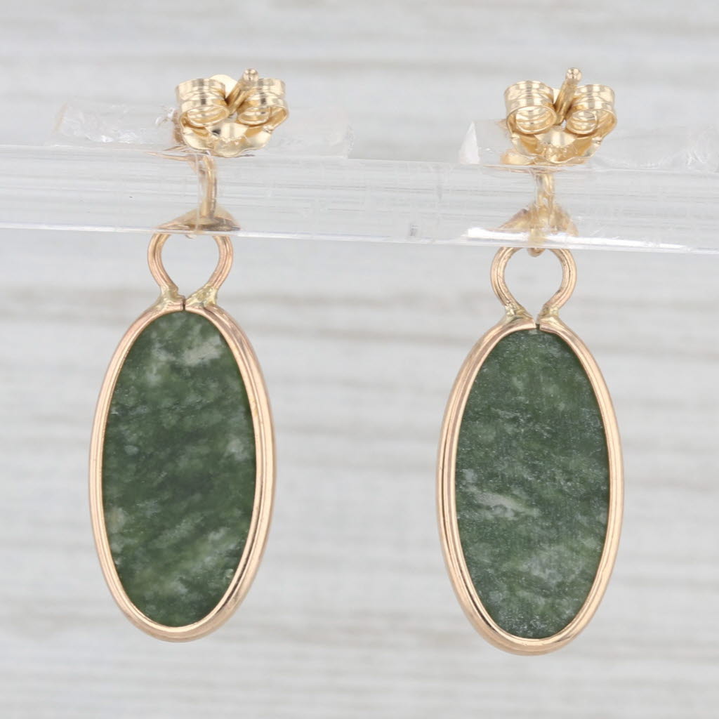 Light Gray Green Marbled Serpentine Oval Cabochon Drop Earrings 14k Yellow Gold