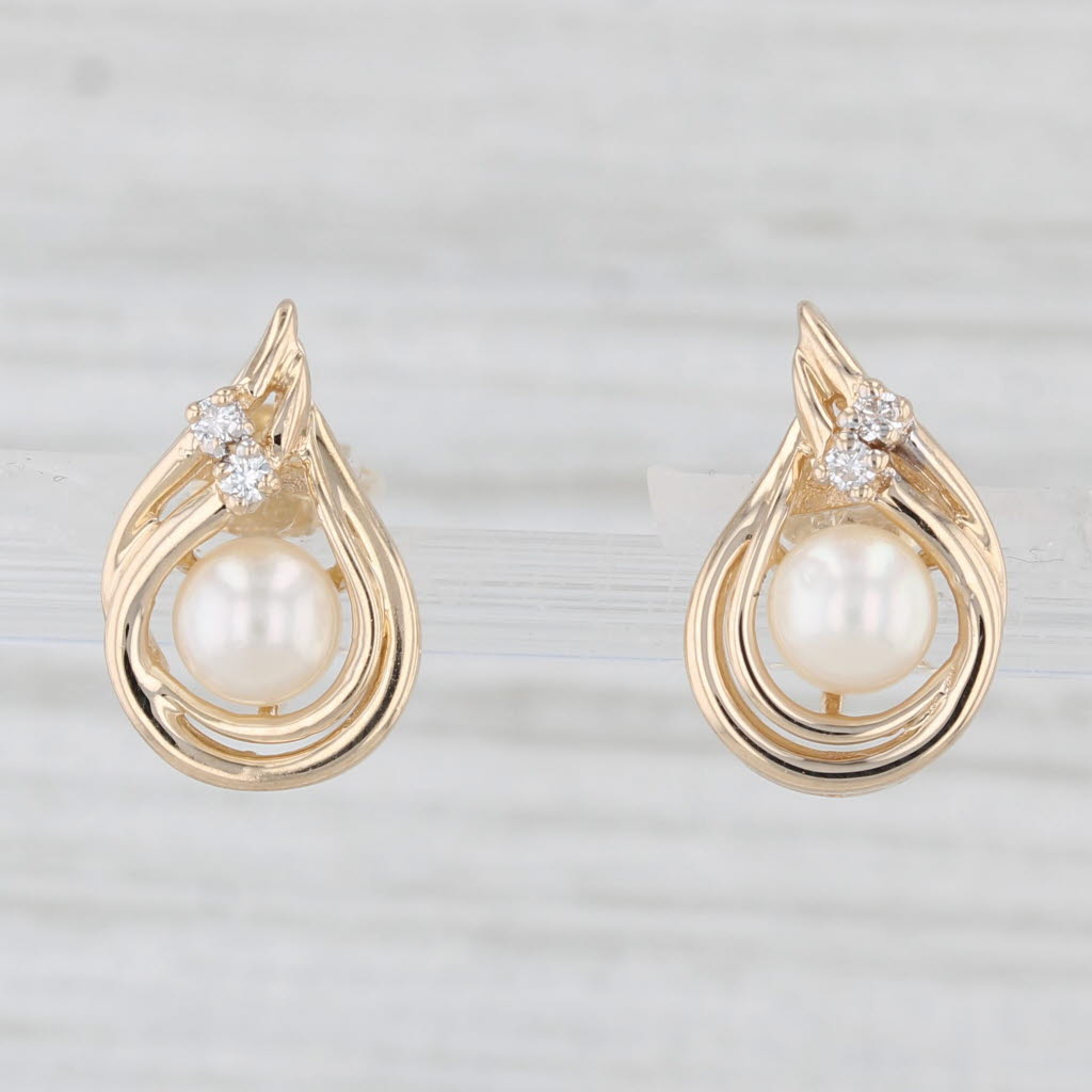 Light Gray Cultured Pearl Diamond Teardrop Earrings 14k Yellow Gold Studs